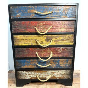 Rustic Multi-Color Wooden Chest Of 6 Drawers With Rope Handles Destressed